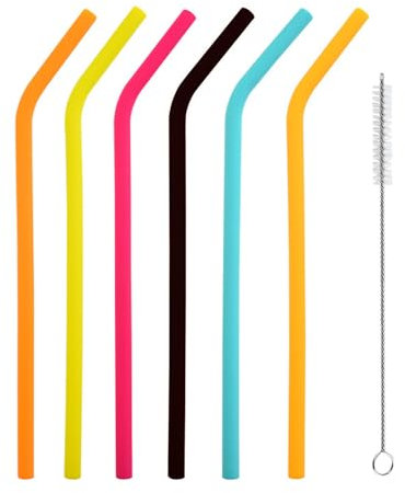 iJiGui 6 Cannucce Riutilizzabili Colorate in Silicone, con Spazzola, 0,8cm di Diametro, per Latte, Succhi, Yogurt