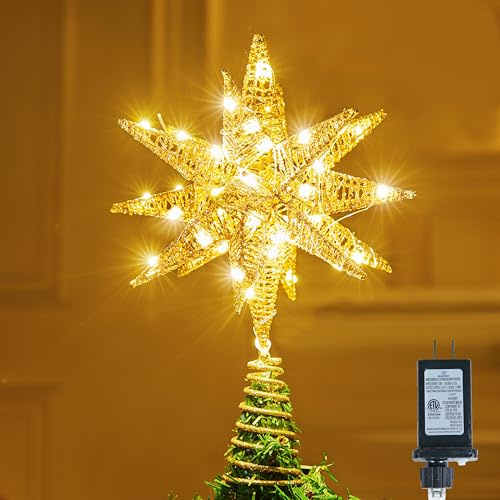 JOIEDOMI 7.8 Metal 3D Star Christmas Tree Topper Golden Glitter Decorations with 56 LED Warm White with Plug Timer Ornaments Treetop Home Holiday Party Indoor Decor
