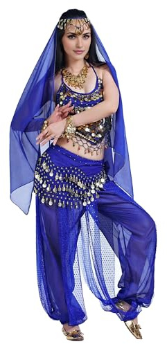Baisdan Costume per la danza del ventre da donna, set con top, pantaloni harem, sciarpa per i fianchi, foulard per la testa, outfit professionale per Carnevale e Halloween, Blu scuro, Taglia unica