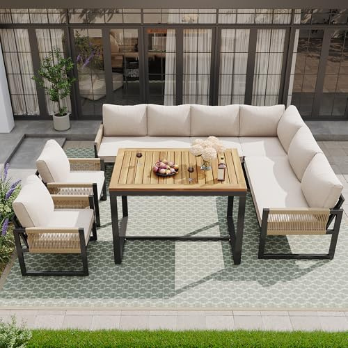 Kayan Gartenmöbel Set, Garten Essgruppe 7-8 Personen, Gartenlounge wetterfest mit Esstisch, Hocker und Bequemen Kissen, Outdoor Loungemöbel Gartengarnitur Sitzgruppe Essgruppe, Beige