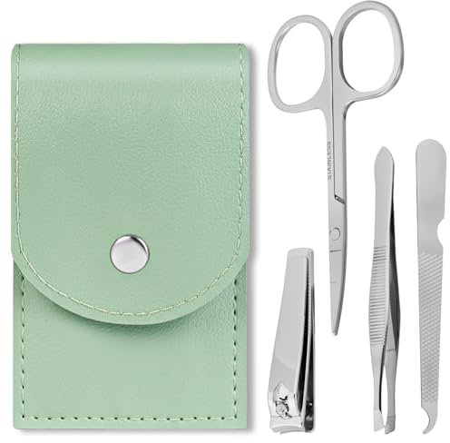 LOPHE 4 Teiliges Maniküre Set, Professional Pediküreset in Edelstahl Poliert, Nagelschere und Pinzetten Set mit Etui, Nagelpflegeset für Damen, Herren, Reisefreundliches, Grün
