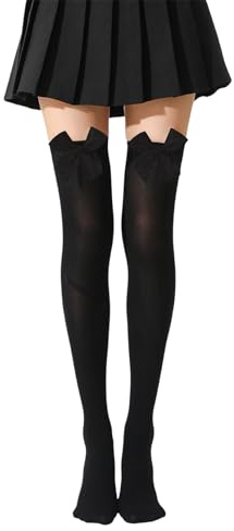 1Pair Black Thigh High Socks Knee High Socks with Bows Sexy Black Bow Stockings Hold Ups Opaque Bow Lace Over The Knee Long Stockings for Women Ladies Halloween Fancy Dress Xmas Valentine's Day Favors