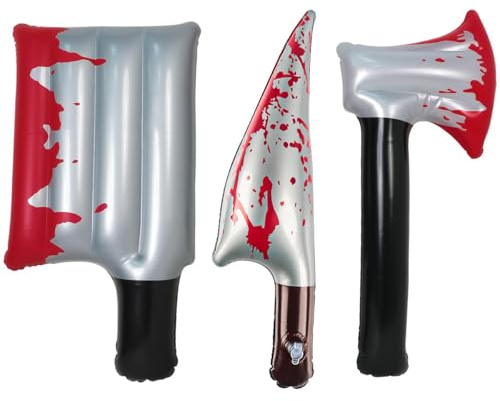 QINQINZIJIN Coltello Finto Gonfiabili Halloween, 3 Pezzi Horror Arma Giocattolo Gonfiabile con Ascia Coltello e Mannaia, per Prank Cosplay Decorazione Feste