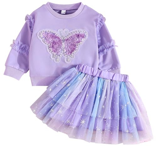 Kunyeah 2 st sweatshirt för babyflickor tutu klänning småbarn fjäril pullover topp med tyllkjol söt långärmad kläder outfit, Lila, 2-3 År