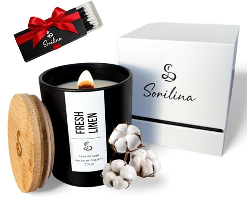SORILINA Vela Aromática Grande Olor a Ropa Limpia Elimina Malos Olores Cera de Soja Mecha de Madera Hecho a Mano en España 220gr hasta 55h Larga Duración Caja Regalo (Ropa Limpia)