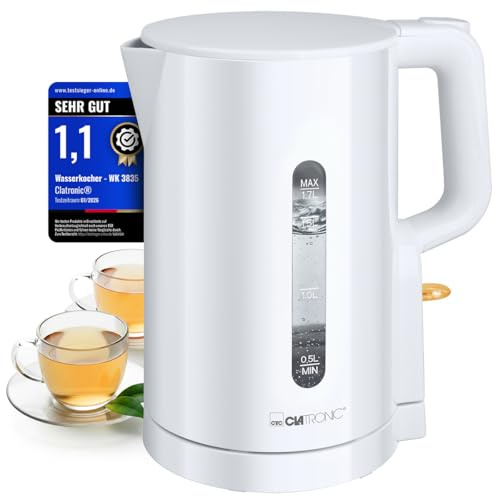 Hervidor Clatronic 1,7 L - 2200 W para Calentamiento rápido - Sin BPA - Manejo con una Sola Mano - Indicador de Nivel de Agua - Hervidor - Protección contra sobrecalentamiento - WK 3835 Blanco