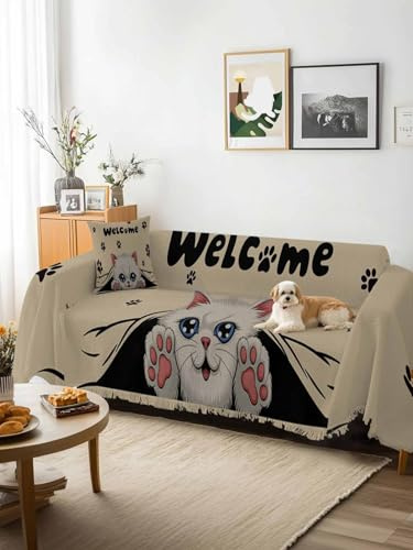 Cute Cats Sofa Cover Blanket Couch Covers for Armchair Cushion,Couch Sofa Silpcover with Tassel,Vintage Cat Claws Pets Cartoon Kitten Brown Living Room Bedroom Throw Towel Blanket Covers XX-L 71x150