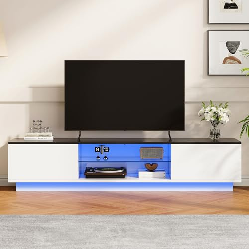 Vit + svart 160 cm skandinavisk TV-bänk med förvaring, LED-TV-bänk med 2 dörrar och öppen förvaring, TV-bord för vardagsrum, modern design, lågt skåp, TV-bänk för vardagsrum och sovrum (vit, 160 cm)