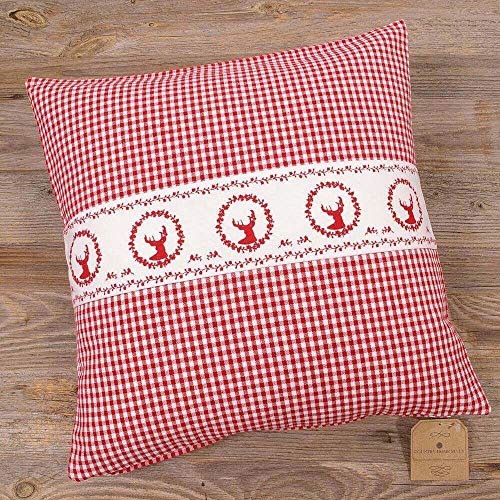 Kissen-Bezug in 40x40 cm für Deko-Kissen Sofa-Kissen - Baumwolle Kissen-Hülle RESI im Landhaus-Stil Hirsch rot weiß kariert - Waschbarer Reißverschluss Zierkissen-Bezug für Couchkissen