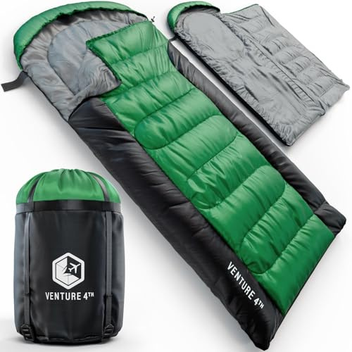 VENTURE 4TH 3-Season XXL Backpacking Sleeping Bag, Camping Sleeping Bags for Adults & Kids - Lightweight, Comfortable, Water Resistant, Ideal for Hiking, Camping & Outdoor – Green/Black