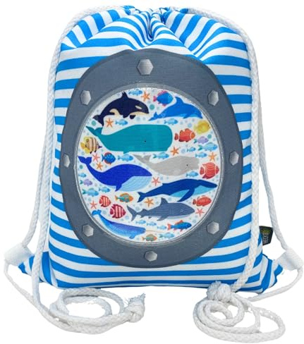 HECKBO Bolsa de gimnasio para niñas y niños, motivo de pez con ojo de buey que incluye ventana de plástico, 33 x 26 cm, guardería, cuna, mochila, bolsa deportiva