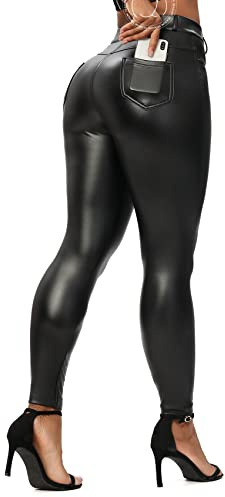 SEASUM Women's Faux Leather Leggings Pants PU Elastic Shaping Hip Push Up Black Sexy Stretchy High Waisted Tights S