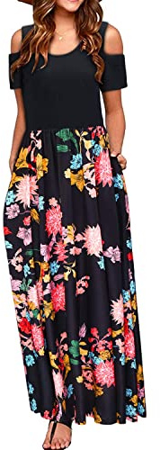 STYLEWORD Mujer Verano Hombro Frío Manga Larga/Corta Maxi Vestido Estampado Floral Elegante Maxi Vestido con Bolsillos