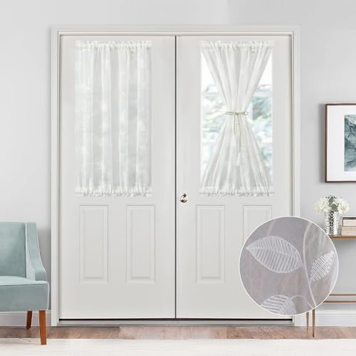 VOGOL Door White Sheer Curtains, Vine Pattern Light Filtering Short Drape with Top and Bottom Rod Pocket for Kitchen Dining Room, 25 Inch Wide by 40 Inch Long, One Panel