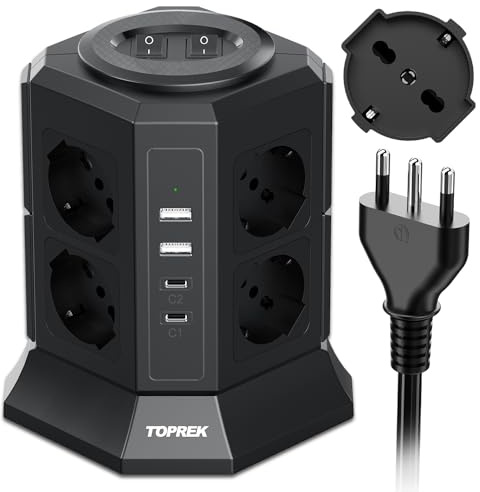 TOPREK Multipresa Verticale con 8 Prese Universali ITA 10/16A e Schuko e 2 USB C e 2 USB A (C1 20W PD3.0 Ricarica Rapida), 4000W/16A, Ciabatta Multipresa con 2 Interruttore, 2M Cavo, Spina 16A