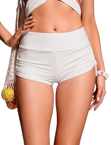 CRZ YOGA Womens Swim Board Shorts High Waisted Bathing Suit Bottoms Adjustable Ruched Side Swimsuit Milky White (Bone) Small