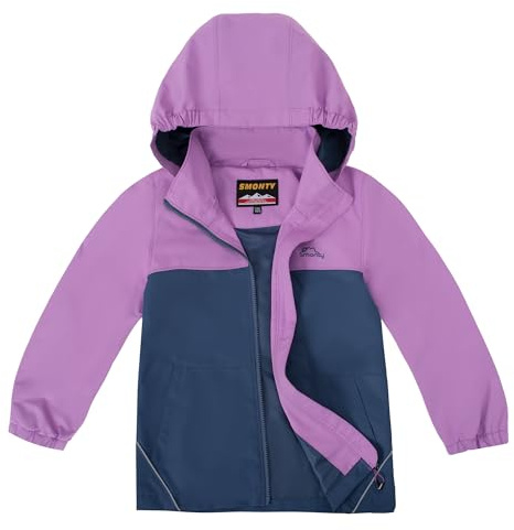 SMONTY Giacca Impermeabile per Bambini Cappuccio Antivento Giacca Traspirabilità Esterna per Escursioni a Piedi, in Bicicletta e Corsa(Grigio e viola, 9-10 anni)