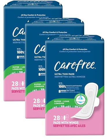Carefree Ultra Thin Pads for Women, Super/Long Pads with Wings, 84ct (3 Packs of 28ct) | Carefree Feminine Care, Period Care & Postpartum | 84ct (3 Packs of 28ct)