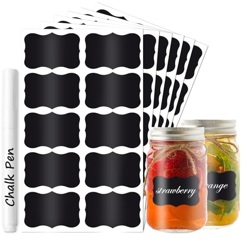 Labels for Jars 180 Pcs Kitchen Labels for Containers Chalkboard Labels with White Pen Black Stickers Blank Waterproof Self Adhesive Reusable for Storage Boxes Glass Bottles Jam Jar 1 White Chalk Pen