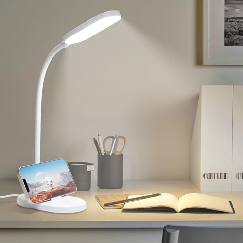 LQWELL® LED-Skrivbordslampa Study Light För Hemmakontor, 360° Flexibel Svanhals Touch Control Läsbordslampa Med Telefonhållare (Vit)