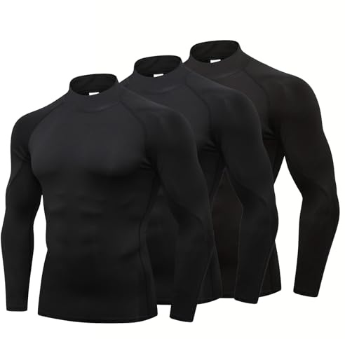 YUSHOW Lot de 3 Tshirt Compression Homme Manche Longue Col Roulé,Tissu