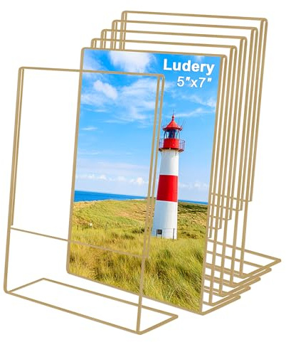 Ludery 5x7 Gold Picture Frames, Clear Frameless Picture Frames, 6 Pack Acrylic Self Standing Photo Frames for Wedding Table Numbers, Restaurant Signs, Photos and Art Display