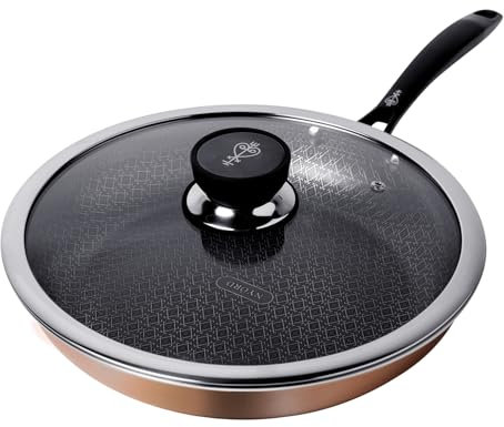 NYORD Kupferpfanne - Antihaft, Kratzfest, Pfanne Wabenstruktur, Hybrid Kupfer Bratpfanne, Kupferkern, Keramik Beschichtung, PTFE & PFOA frei, Ofenfest, für Induktion, Gas & Ceran, mit Deckel - 24 cm