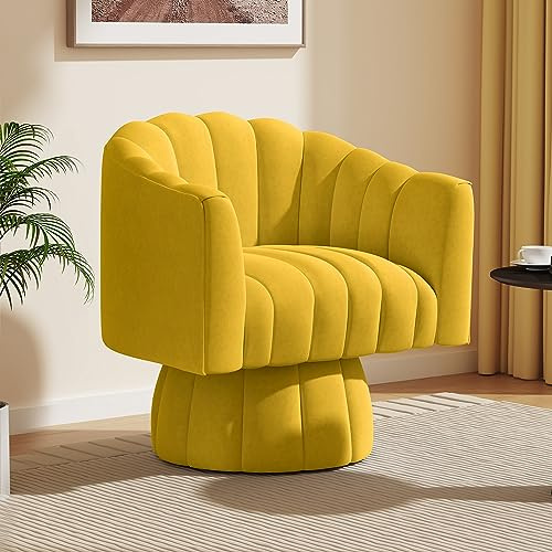 VANTEN Mid Century 360 Degree Swivel Cuddle Barrel Accent Sofa Chairs, Round Armchairs with Wide Upholstered, Fluffy Velvet Fabric Chair for Living Room, Bedroom, Office, Waiting Rooms, (Yellow)
