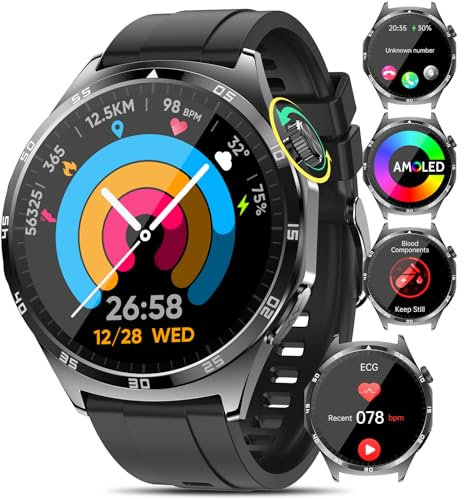 Marsyu Smartwatch with ECG,1.43 AMOLED Screen Smart Watch for Men Answer/Make Calls,Sport Fitness Smartwatchs with Blood ρressure,Heart Rate,SPO2,Body Temperature,Sleep Monitor Watch (Black)