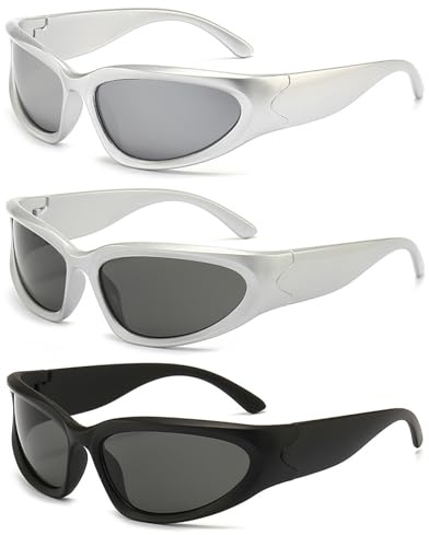 FOSDICK 3 Pezzi Occhiali da Sole da Uomo Donna, Moda Occhiali Techno, Futuristici Y2K Sunglasses, Polarizzati Protezione UV400, Sunglasses per Sportivi, Pesca, Ciclismo, Running, Guida