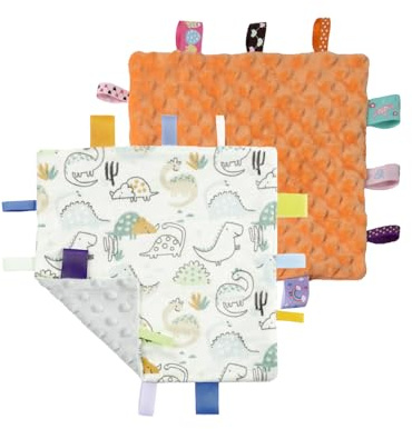 CREVENT Tag Security Blankets for Babies, Soft Small Loveys for Girls, Baby Comforter Sensory Blanket, Great Gifts for Birthday Baby Shower 24X24cm (Dinosaur+Orange)