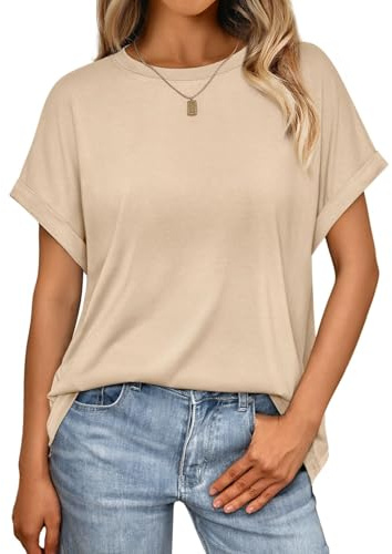 Cuptacc T-shirt dam rund hals kortärmad T-shirt överdimensionerad sommar ledig fladdermusärm bekväma sommartoppar för kvinnor, Beige, L