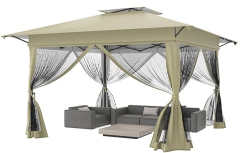 FIVMEN Paviljong 4 x 4 m, vattentät, stabil, vintersäkert festtält, vikpaviljong, justerbar höjd med dubbeltak och 4 myggnät, sidodelar, paviljong, trädgårdspaviljong inkl. bärväska, khaki