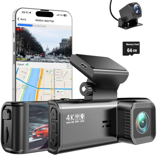 4K instrumentkamera fram och bak, dubbellins instrumentkamera för bilar, inbyggd wifi med GPS-spårning bil Dvr, superkondensator mörkerseende 24H parkeringsläge svart låda videoinspelare 【64 GB kort