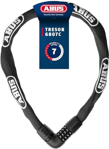 ABUS Kettenlås Tresor 6807C, längd 85 cm, svart | Cykellås med 360°-lås, 7 mm fyrkantskedja, 4-siffrig kod och avläsningsskydd
