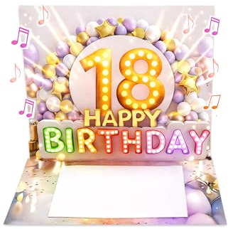 Joli Coon Tarjeta de cumpleaños 18 con música y luz - Tarjeta pop up 3D cumpleaños 18 chica con efecto luminoso, sobre y pegatina de sello - 20 × 15 cm