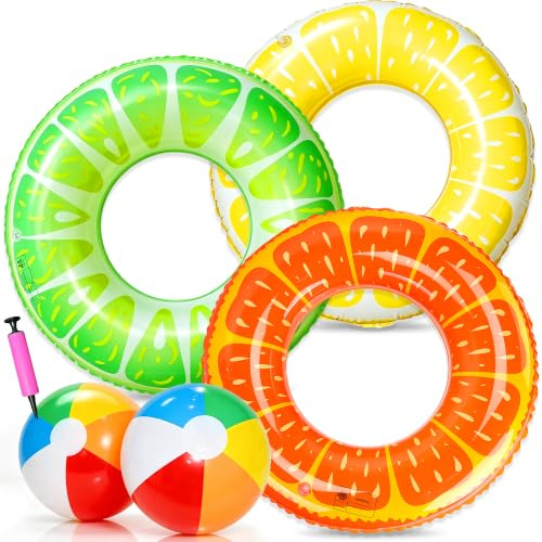 Lubibi 6Pcs Fruit Inflatable Pool Floats Beach Swimming Ring Toy For Family | Complete Set With Beach Balls & Air Pump Lightweight PVC Float, Outdoor Pool Party Birthday Present For Kids And Adults