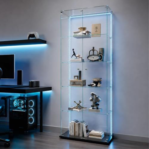 BRILVERDE Vitrina de Vidrio LED, Expositor Móvil con 5 Estantes y Puerta con Cerradura, Vitrina para Colecciones, Libros, Maquetas, Botellas, Salón y Oficina (Negro, 2 Puertas 5 Niveles)