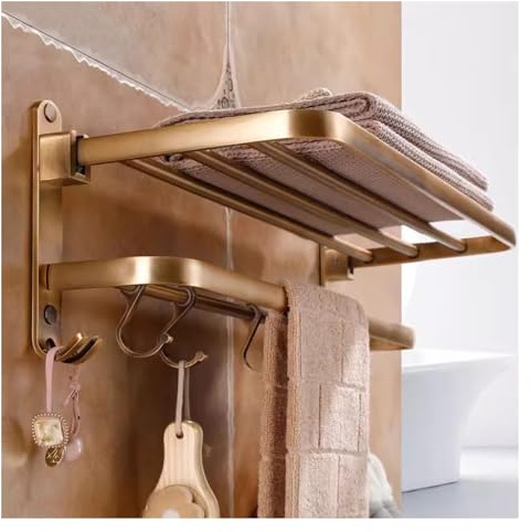 Vikbar handdukshylla, platsbesparande väggmonterad hylla med 5 krokar och bar, rostfri aluminiumorganisatör för små badrum eller kök