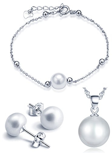 Set de joyas Yumilok de plata de ley 925, con colgante de perla, pulsera de cadena con adorno y pendientes de perlas, para mujeres y niñas