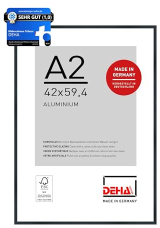 DEHA Design Bilderrahmen, 42 x 59,4 cm (A2), Aluminium, Schwarz matt, Posterrahmen zum Aufhängen im Hoch- & Querformat, bruchsicheres Kunstglas, Tribeca