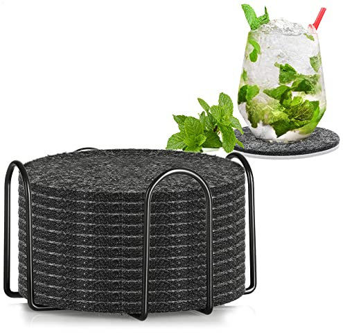 com-four® 12x Untersetzer aus Filz - runde Tischschoner mit Metall-Halter - Schutzmatte für Töpfe, Gläser, Vasen - Filzuntersetzer für Tassen - abwischbare Unterlage (Ø 10cm - Rund + Halter)