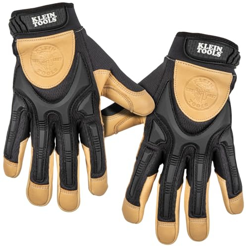 Klein Tools 60188 Work Gloves, Professional Grade Leather Gloves with Knuckle and Finger Protection, Thumb Reinforcement, Mesh Back, Large