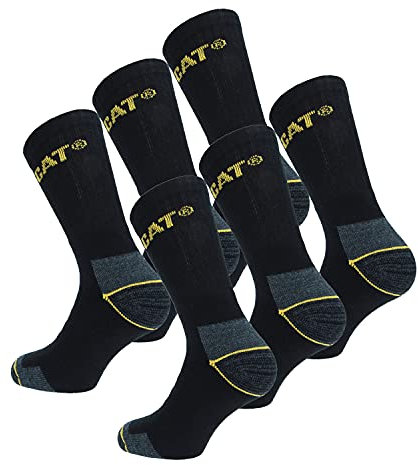 Caterpillar 6 Paar Socken für die Arbeit, halbe Wadenhöhe – Sicherheitsschuhe – verstärkte Fersenspitze – aus Frottee-Baumwolle, geeignet für Stahlkappenschuhe, Schwarz,