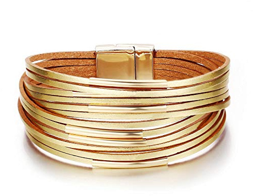 XUEQI Bracelet Cuir Femme Manchette,Bracelet en Cuir Boho Fait À La Main Tressé Multicouche Manchette Dorée Bracelet Hommes Femmes Bijoux De Mode Fermoir Poli pour Couple Cadeau d'anniversaire