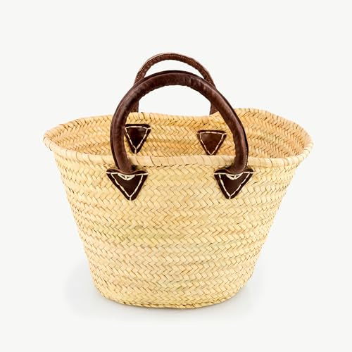 Afrikan Bags - Bolso Capazo de Palma | Bolso de Palma de Base Oval con Asa de Cuero Redonda en Cuero Marrón - 54 x 30 x 27 cm