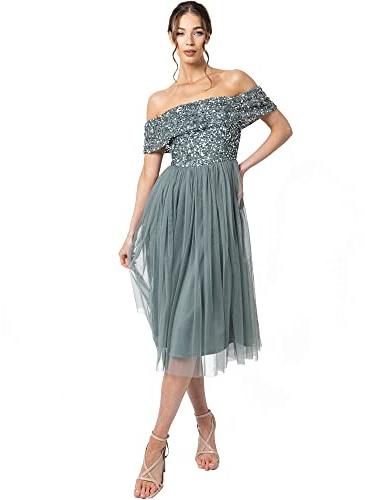 Maya Deluxe Ladies Bardot Dresses Women Midi High Empire Waist Sequins Embellished Formal Evening For Wedding Guest Vestido de Dama de Honor para Mujer