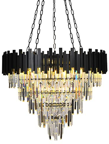 Afficat Luxurious Crystal Chandelier Light Fixtures, 5-Tier 18-Light Modern Black Raindrop Crystal Chandeliers Lighting Round Pendant Light for High Ceiling Living Room, Dining Room (D32in-18 Lights)