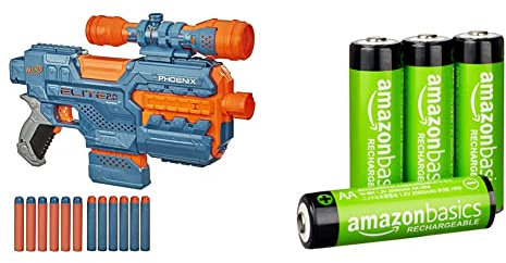 Elite 2 Phoenix CS-6 motorisierter Blaster, 12 Nerf Darts, 6-Dart Clip-Magazin, Fernrohr, Tactical Rails, 4AA Batterien & Amazon Basics AA-Batterien, wiederaufladbar, 2000 mAh, vorgeladen, 4 Stück