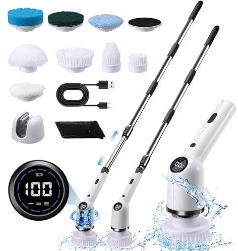 Elektrische Reinigungsbürste, 9 IN 1 Spin Scrubber Schnurlos mit 8 Bohrbürstenköpfen, Acemall 152cm Verstellbarem Griff, 3 Geschwindigkeiten für Badezimmer, Badewanne, Küche, Boden, Rillen